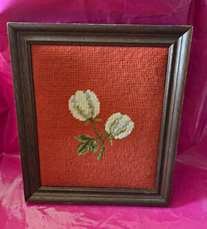 Vtg Framed Needlepoint White Cotton Blossom Design on Rust/Orange, 8 x 10